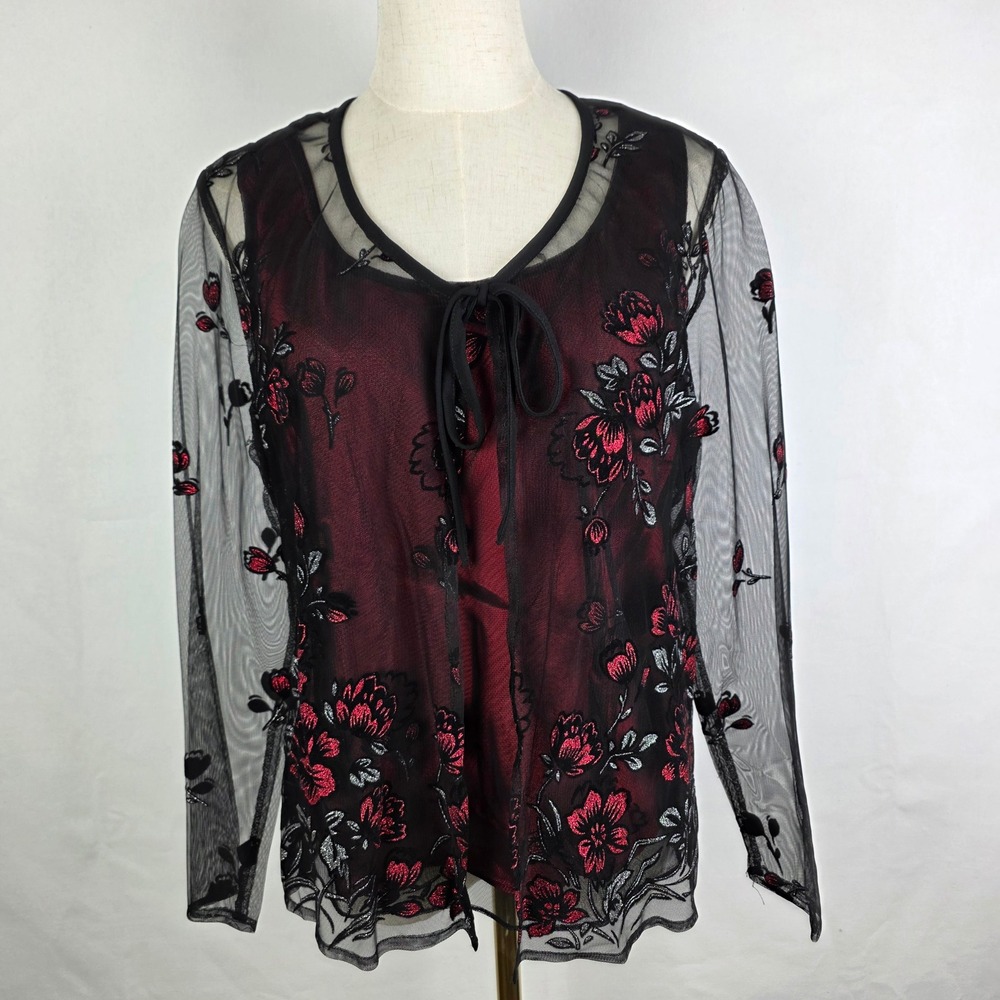 Virgo Petite Black Red Floral Mesh Embroidered 2 Piece Set Top Shell Size 12P